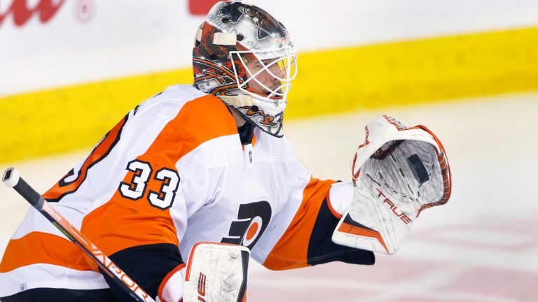 NHL profile photo on Philadelphia Flyers goalie Samuel Ersson, from Sweden, at a game against the Calgary Flames in Calgary, Alta., on Feb. 20, 2023. THE CANADIAN PRESS IMAGES/Larry MacDougal 