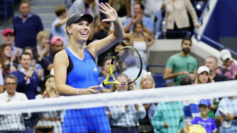 Caroline Wozniacki, of Denmark, celebrates winning her match against Petra Kvitova, of the Czech Republic, during the second round of the U.S. Open tennis championships, Wednesday, Aug. 30, 2023, in New York. (Frank Franklin II/AP)