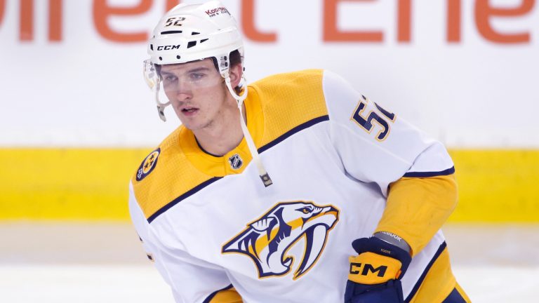 Nashville Predators player Cal Foote at a game against the Calgary Flames in Calgary, Alta., on April 10, 2023. (Larry MacDougal/CP)