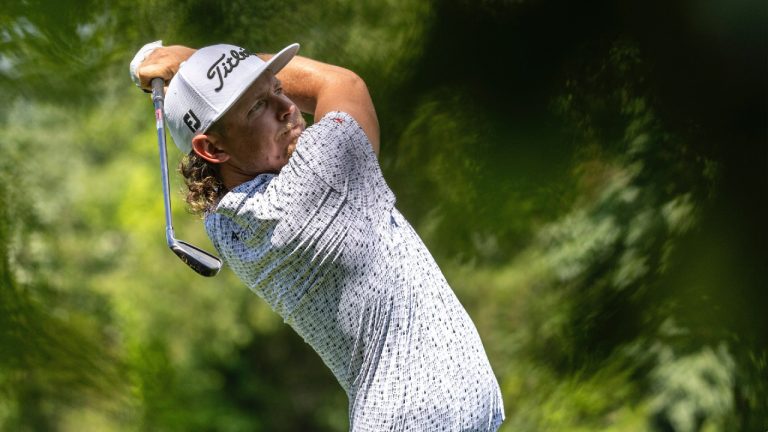 Captain Cameron Smith of Ripper GC hits his shot from the fourth tee during the second round of LIV Golf Bedminster at the Trump National Golf Club on Saturday, August 12, 2023 in Bedminster, New Jersey. (Photo by Hunter Martin/LIV Golf via AP)