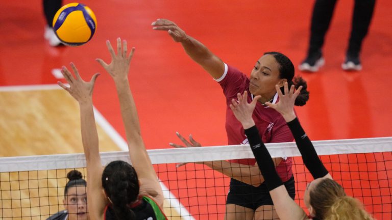 Canada's Alexa Gray hits against Mexico during NORCECA senior women's volleyball continental championship action in Laval, Que., on Tuesday, August 29, 2023. (Mathieu Belanger/NORCECA)