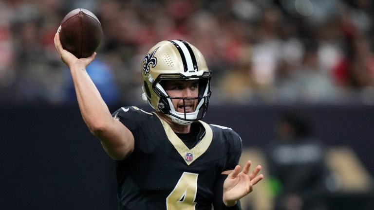 New Orleans Saints quarterback Derek Carr (4) looks to pass the ball in the first half of a preseason NFL football game against the Kansas City Chiefs. (Gerald Herbert/AP)