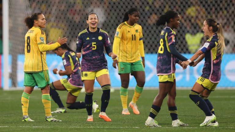 Colombia's players celebrate at the end of the Women's World Cup round of 16 soccer match between Jamaica and Colombia in Melbourne, Australia, Tuesday, Aug. 8, 2023. (Hamish Blair/AP)