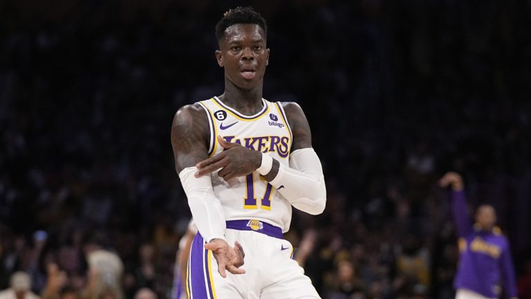 Los Angeles Lakers guard Dennis Schroder (17) reacts after making a 3-point basket against the Denver Nuggets in the second half of Game 3 of the NBA basketball Western Conference Final series Saturday, May 20, 2023, in Los Angeles. (Mark J. Terrill/AP)