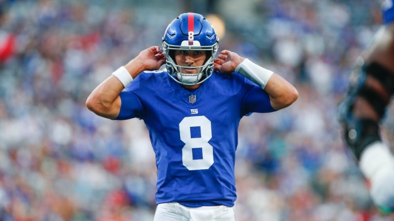 New York Giants quarterback Daniel Jones looks over the field during the first half of an NFL preseason football game against the Carolina Panthers. (John Munson/AP)