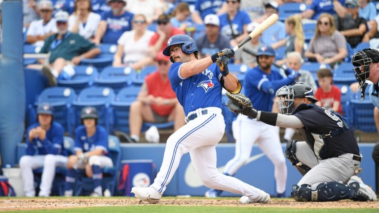 Davis Schneider of the Toronto Blue Jays bats during the sixth inning of a spring training game against the New York Yankees at TD Ballpark on March 18, 2023 in Dunedin, Florida. (George Kubas/Diamond Images via Getty Images)