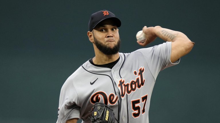 Detroit Tigers starting pitcher Eduardo Rodriguez throws during the first inning of a baseball game against the Kansas City Royals Wednesday, July 19, 2023, in Kansas City, Mo. (Charlie Riedel/AP)