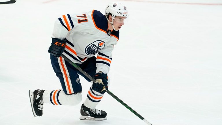 Edmonton Oilers center Ryan McLeod controls the puck in the third period of an NHL hockey game against the Dallas Stars in Dallas, Tuesday, Nov. 23, 2021. (Tony Gutierrez/AP)