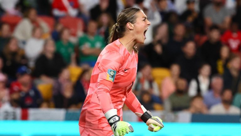 England's goalkeeper Mary Earps reacts during the Women's World Cup round of 16 soccer match between England and Nigeria in Brisbane, Australia, Monday, Aug. 7, 2023. (Tertius Pickard/AP)