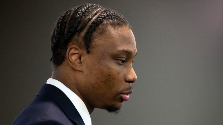 Former Raiders wide receiver Henry Ruggs III appears in court during sentencing at the Regional Justice Center Wednesday, Aug. 9, 2023, in Las Vegas. Ruggs entered a guilty plea in May to a felony count of DUI resulting in death relating to the accident that killed Tina Tintor and her dog on Nov. 2, 2021. (Steve Marcus/Las Vegas Sun via AP)