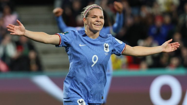 France's Eugenie Le Sommer celebrates after scoring her team's fourth goal during the Women's World Cup round of 16 soccer match between France and Morocco in Adelaide, Australia, Tuesday, Aug. 8, 2023. (James Elsby/AP)