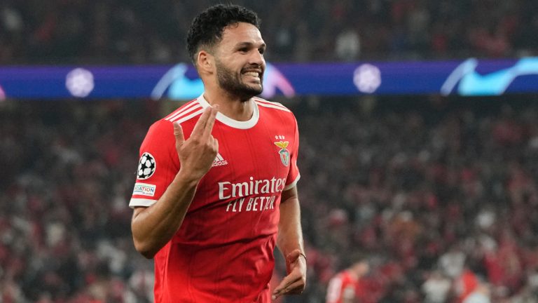 Goncalo Ramos celebrates after scoring his side's second goal during the Champions League, round of 16, second leg soccer match between Benfica and Club Brugge at the Luz stadium in Lisbon, Portugal, Tuesday, March 7, 2023. (Armando Franca/AP)