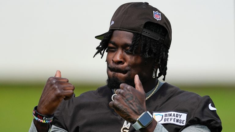 Cleveland Browns' Marquise Goodwin gestures during drills at the NFL football team's training camp on Sunday, July 23, 2023, in White Sulphur Springs, W.Va. (Chris Carlson/AP)