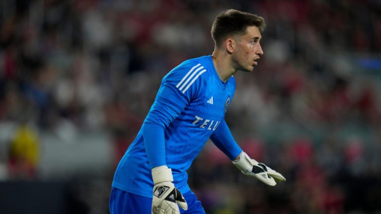 Vancouver Whitecaps goalkeeper Thomas Hasal in action during the second half of an MLS soccer match against St. Louis City Saturday, May 27, 2023, in St. Louis. (Jeff Roberson/AP Photo)