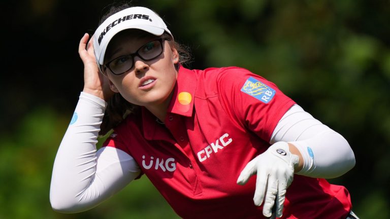 Brooke Henderson, of Canada, watches her tee shot on the second hole during the final round at the LPGA CPKC Canadian Women's Open golf tournament, in Vancouver, B.C., Sunday, Aug. 27, 2023. (Darryl Dyck/CP Photo)