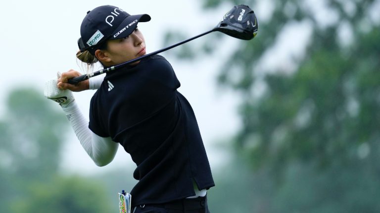 Hinako Shibuno, of Japan, tees off on the 13th hole during the second round of the Women's PGA Championship golf tournament, Friday, June 23, 2023, in Springfield, N.J. (Matt Rourke/AP)