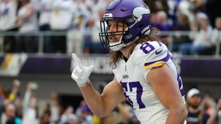 Minnesota Vikings tight end T.J. Hockenson celebrates after catching a 12-yard touchdown pass during the first half of an NFL football game against the New York Giants, Saturday, Dec. 24, 2022, in Minneapolis. (Bruce Kluckhohn/AP)