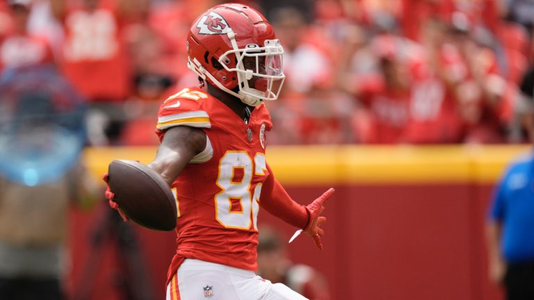 Ihmir Smith-Marsette celebrates after scoring during the second half of an NFL preseason football game against the Cleveland Browns Saturday, Aug. 26, 2023, in Kansas City, Mo. (Charlie Riedel/AP)