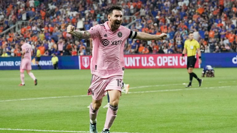 Inter Miami forward Lionel Messi celebrates after a game-tying goal in the 90th minute from teammate Leonardo Campana, not pictured, during the second half of a U.S. Open Cup semifinal soccer match against FC Cincinnati, Wednesday, Aug. 23, 2023, in Cincinnati. (Joshua A. Bickel/AP)