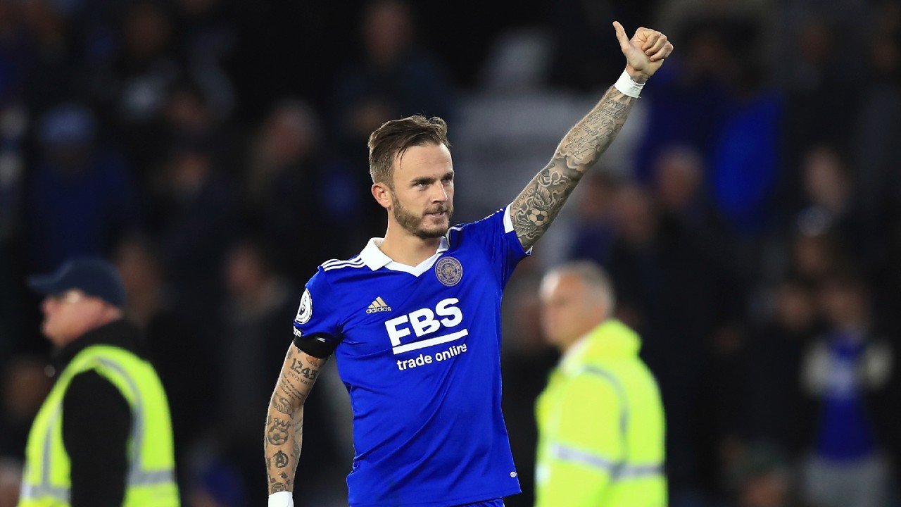 Leicester's James Maddison gives the thumbs-up to the fans at the end of an English Premier League soccer match between Leicester City and Nottingham Forest at the King Power Stadium in Leicester, England, Monday, Oct. 3, 2022. (Leila Coker/AP)