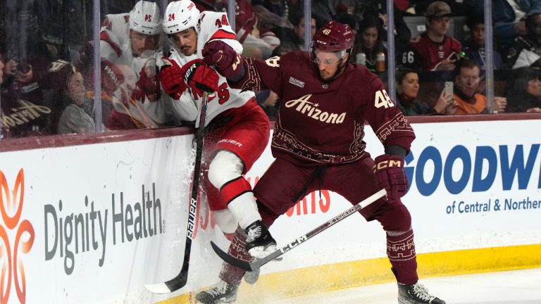 Arizona Coyotes centre Jean-Sebastien Dea (48) checks Carolina Hurricanes centre Seth Jarvis (24) in the first period during an NHL hockey game, Friday, March 3, 2023, in Tempe, Ariz. (Rick Scuteri/AP)