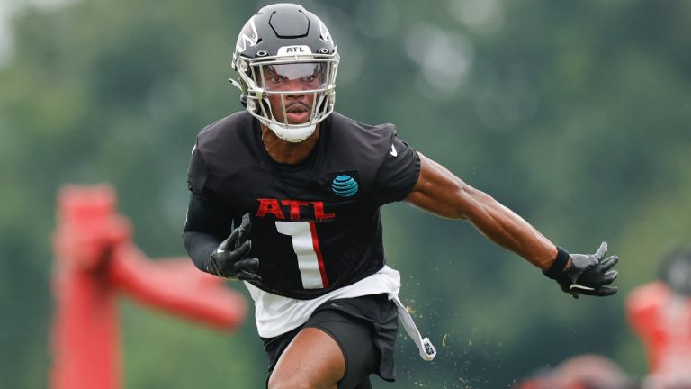 Atlanta Falcons cornerback Jeff Okudah (1) runs a drill during the NFL football team's training camp, Saturday, July 29, 2023, in Flowery Branch, Ga. (Alex Slitz/AP)