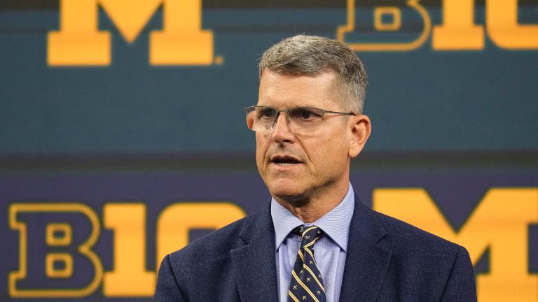 Michigan head coach Jim Harbaugh speaks during an NCAA college football news conference at the Big Ten Conference media days at Lucas Oil Stadium, Thursday, July 27, 2023, in Indianapolis. (Darron Cummings/AP)