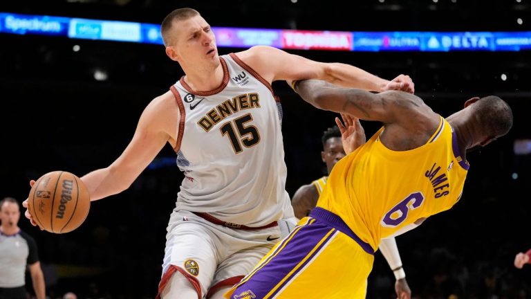 Denver Nuggets centre Nikola Jokic collides with Los Angeles Lakers forward LeBron James in the second half of Game 4 of the NBA basketball Western Conference Final series Monday, May 22, 2023, in Los Angeles. (Ashley Landis/AP Photo)