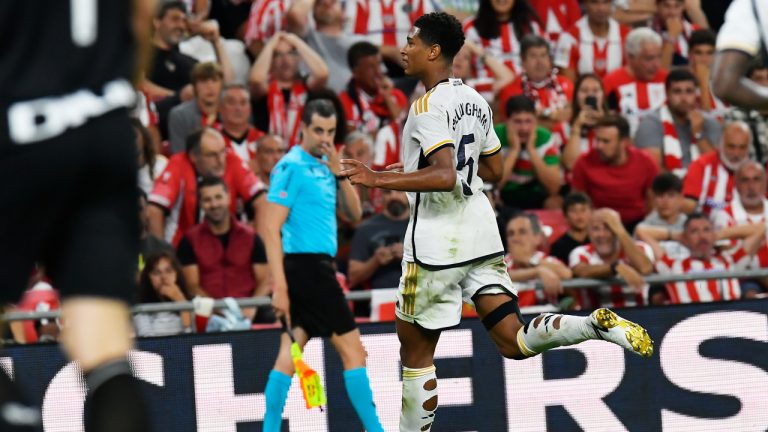 Real Madrid's Jude Bellingham celebrates after scoring his side's second goal during the Spanish La Liga soccer match between Athletic Club and Real Madrid at the San Mames stadium in Bilbao, Spain, Saturday, Aug. 12, 2023. (Alvaro Barrientos/AP)