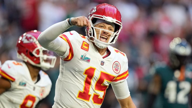 Kansas City Chiefs quarterback Patrick Mahomes (15) celebrates a touchdown against the Philadelphia Eagles during the first half of the NFL Super Bowl 57 football game between the Kansas City Chiefs and the Philadelphia Eagles, Sunday, Feb. 12, 2023, in Glendale, Ariz. (Brynn Anderson/AP)