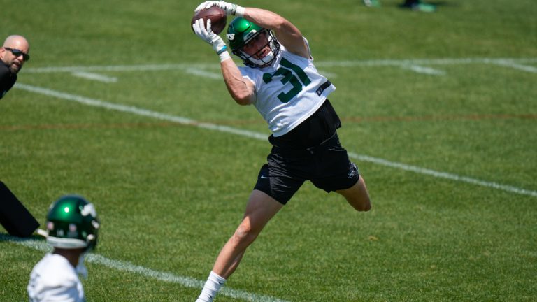 New York Jets' Jerome Kapp participates in a drill at the NFL football team's training facility in Florham Park, N.J., Wednesday, May 31, 2023. (Seth Wenig/AP)