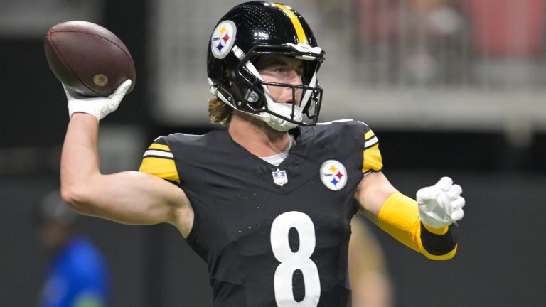 Pittsburgh Steelers quarterback Kenny Pickett passes against the Atlanta Falcons during the first half of a preseason NFL football game. (Hakim Wright/AP)