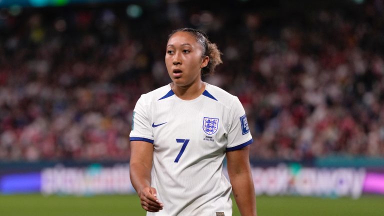 England's Lauren James in action during the Women's World Cup Group D soccer match between England and Denmark at the Sydney Football Stadium in Sydney, Australia, Friday, July 28, 2023. (Mark Baker/AP)