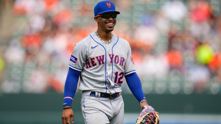 New York Mets shortstop Francisco Lindor reacts after a play during the third inning of a baseball game against the Baltimore Orioles, Sunday, Aug. 6, 2023, in Baltimore. (Julio Cortez/AP)