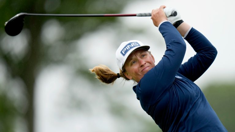 Marissa Steen tees off on the 14th hole during the first round of the Women's PGA Championship golf tournament, Thursday, June 22, 2023, in Springfield, N.J. (Seth Wenig/AP)