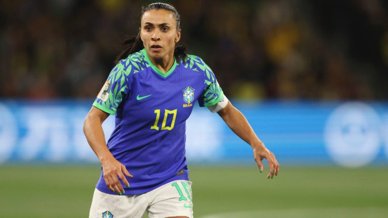 Brazil's Marta in action during the Women's World Cup Group F soccer match between Jamaica and Brazil in Melbourne, Australia, Wednesday, Aug. 2, 2023. (Hamish Blair/AP)