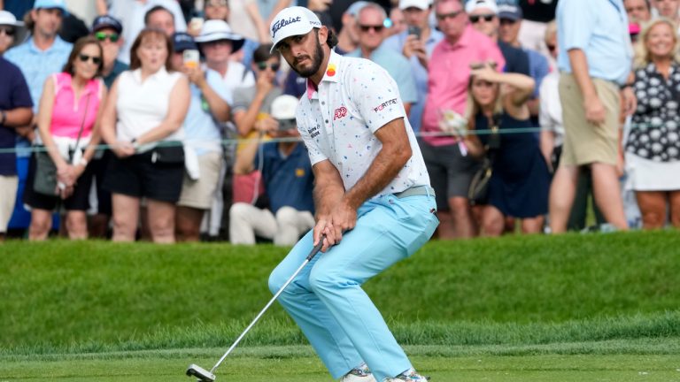 Max Homa reacts as he misses a birdie-attempt on the 18th green during the second round of the BMW Championship golf tournament, Friday, Aug. 18, 2023. (Charles Rex Arbogast/AP)