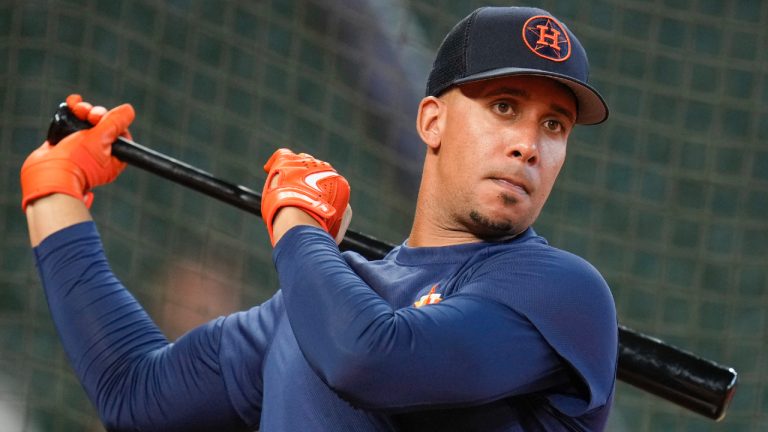 Houston Astros' Michael Brantley warms up during batting practice before a baseball game against the Seattle Mariners, Friday, Aug. 18, 2023, in Houston. (Eric Christian Smith/AP)