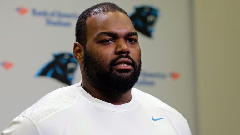 Michael Oher speaks to the media on Monday, April 20, 2015, in Charlotte, N.C. (Chuck Burton/AP)