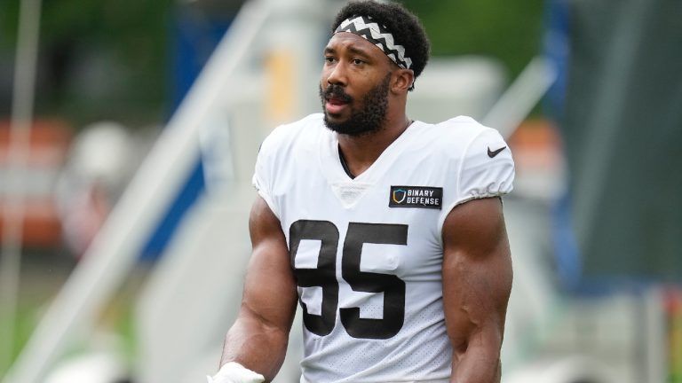 Cleveland Browns' Myles Garrett during an NFL football camp, Monday, Aug. 7, 2023, in Berea, Ohio. (AP)