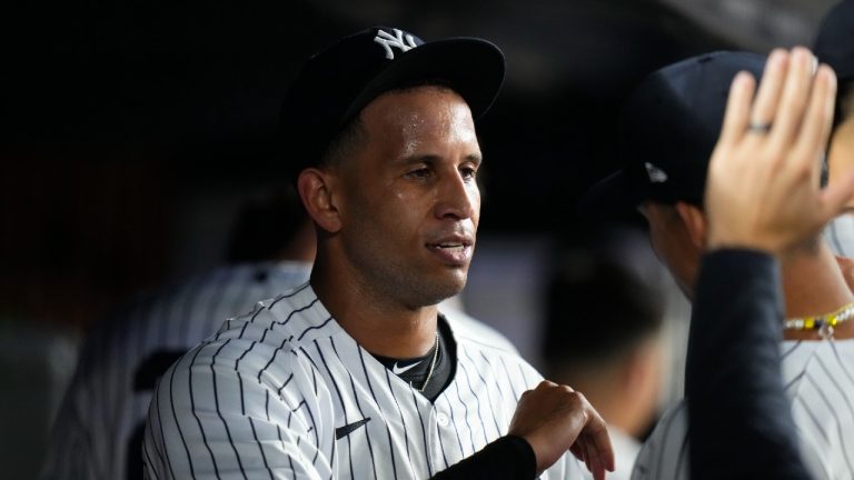 Former New York Yankees relief pitcher Keynan Middleton celebrates with teammates during the ninth inning of a baseball game against the Houston Astros Friday, Aug. 4, 2023, in New York. (Frank Franklin II/AP)