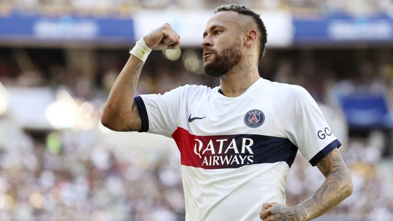 PSG's Neymar celebrates after scoring the first goal during a friendly soccer match against Jeonbuk Hyundai Motors in Busan, South Korea, Thursday, Aug. 3, 2023. (Yoon Dong-jin/Yonhap via AP)