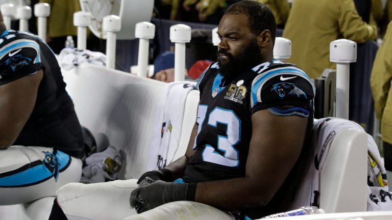 Carolina Panthers’ Michael Oher (73) watches from the bench during the second half of the NFL Super Bowl 50 football game Sunday, Feb. 7, 2016, in Santa Clara, Calif. (Marcio Jose Sanchez/AP)