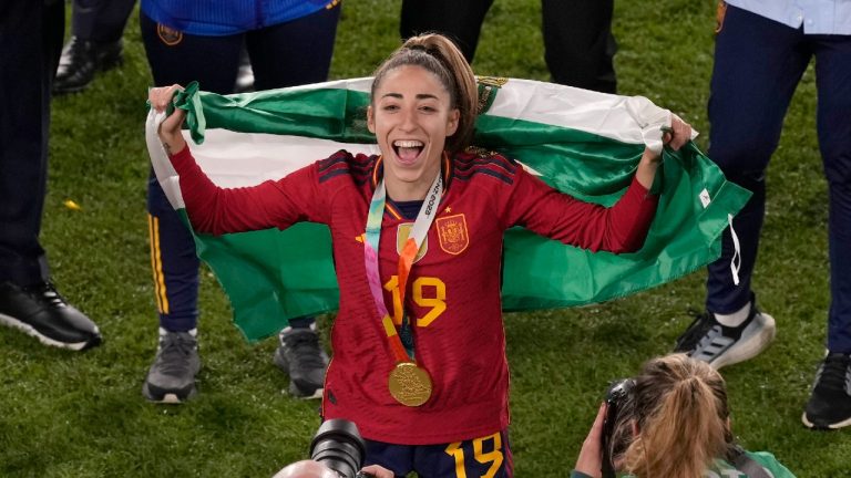 Spain's Olga Carmona celebrates after the Women's World Cup soccer final between Spain and England at Stadium Australia in Sydney, Australia, Sunday, Aug. 20, 2023. (Mark Baker/AP)