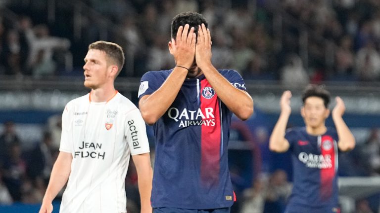 PSG's Goncalo Ramos reacts during the French League One soccer match between Paris Saint-Germain and Lorient at the Parc des Princes stadium in Paris, Saturday, Aug. 12, 2023. (Michel Euler/AP)