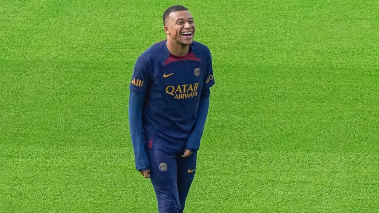 PSG's Kylian Mbappe reacts as he trains at the Paris Saint-Germain training center Friday Aug. 18, 2023, in Poissy, west of Paris. (Michel Euler/AP)