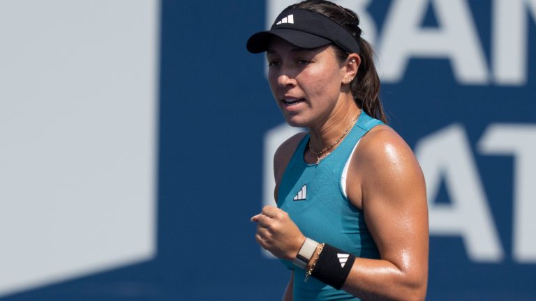 Jessica Pegula of the United States reacts during her game against Jasmine Paolini of Italy during the National Bank Open tennis tournament in Montreal, Thursday, Aug. 10, 2023. (Christinne Muschi/CP)