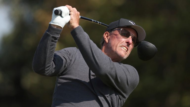 Phil Mickelson plays from the fifth tee on the first day of the British Open Golf Championships at the Royal Liverpool Golf Club in Hoylake, England, Thursday, July 20, 2023. (Peter Morrison/AP)