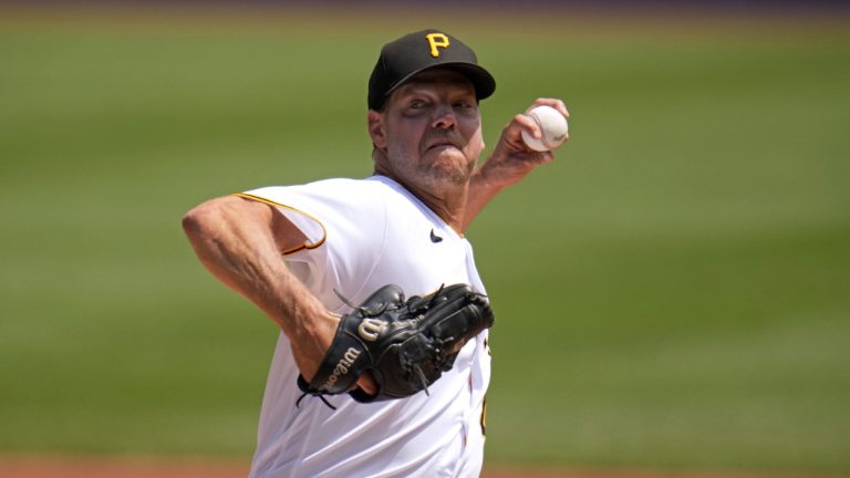 Former Pittsburgh Pirates starting pitcher Rich Hill delivere during the first inning of a baseball game against the Philadelphia Phillies in Pittsburgh, Sunday, July 30, 2023. (Gene J. Puskar/AP)