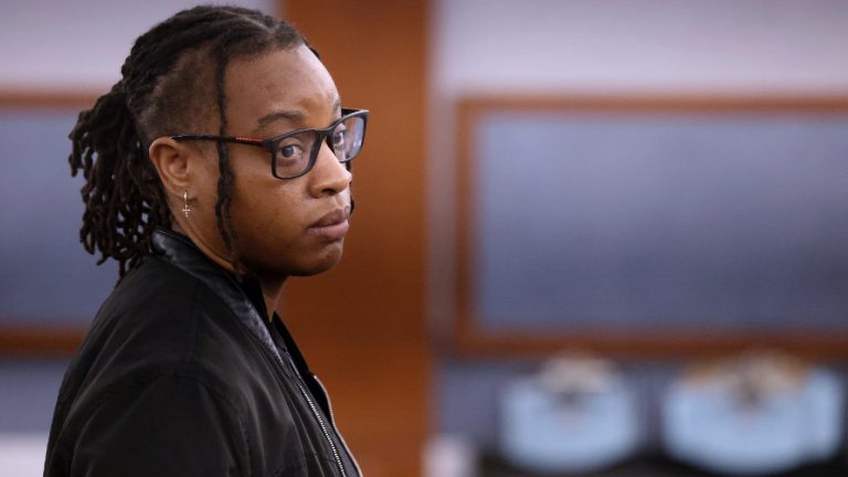 Las Vegas Aces WNBA basketball player Riquna Williams appears in Las Vegas Justice Court Wednesday, Aug. 2, 2023. (AP)